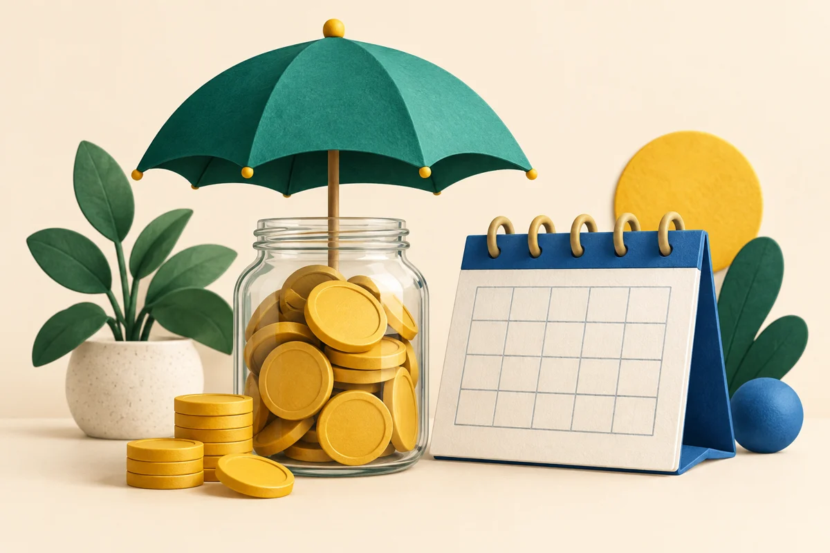 Ilustración de un paraguas que protege un tarro de monedas junto a un calendario