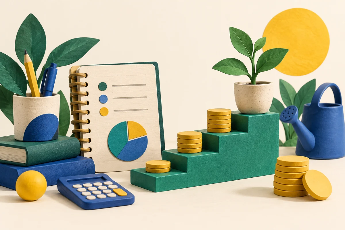 Ilustración de pequeños escalones, un cuaderno, monedas y una planta creciendo